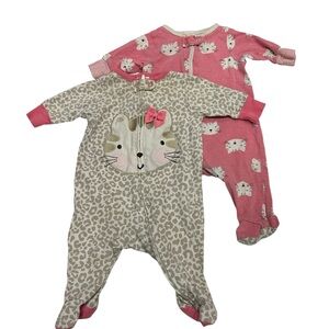 Gerber Infant Footed Sleepers NB | Pink Cream Cat Design Lot of 2 One Piece